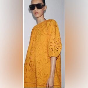 Zara ZW Collection Embroidered Short Eyelet Dress in Golden Yellow L Open Back